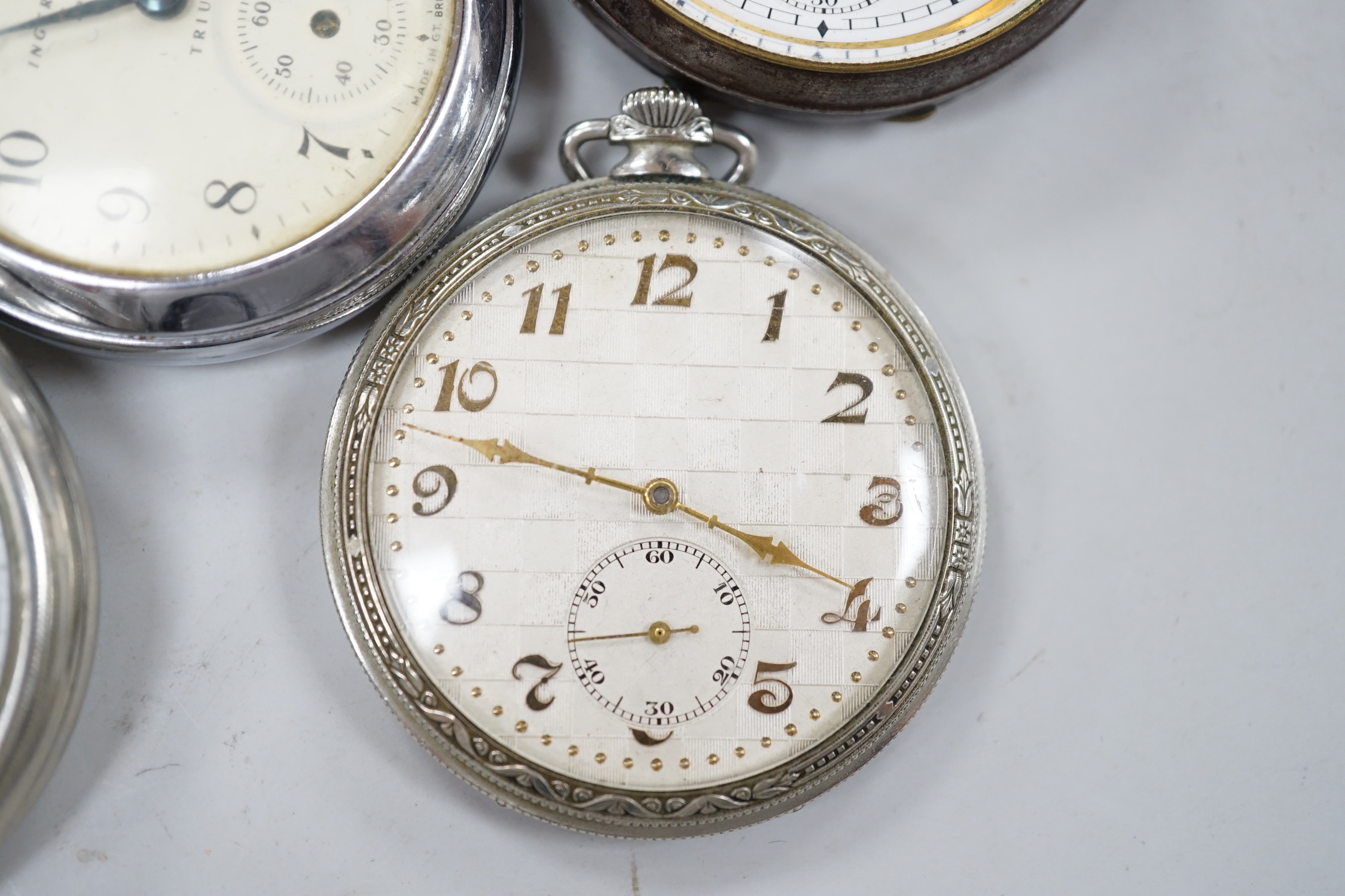 Ten assorted base metal pocket watches including Omega, Waltham and Ingersoll.